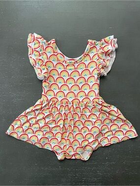 Little Sleepies Ruffle-Sleeve Bodysuit Twirl Dress in Primary Rainbow Print